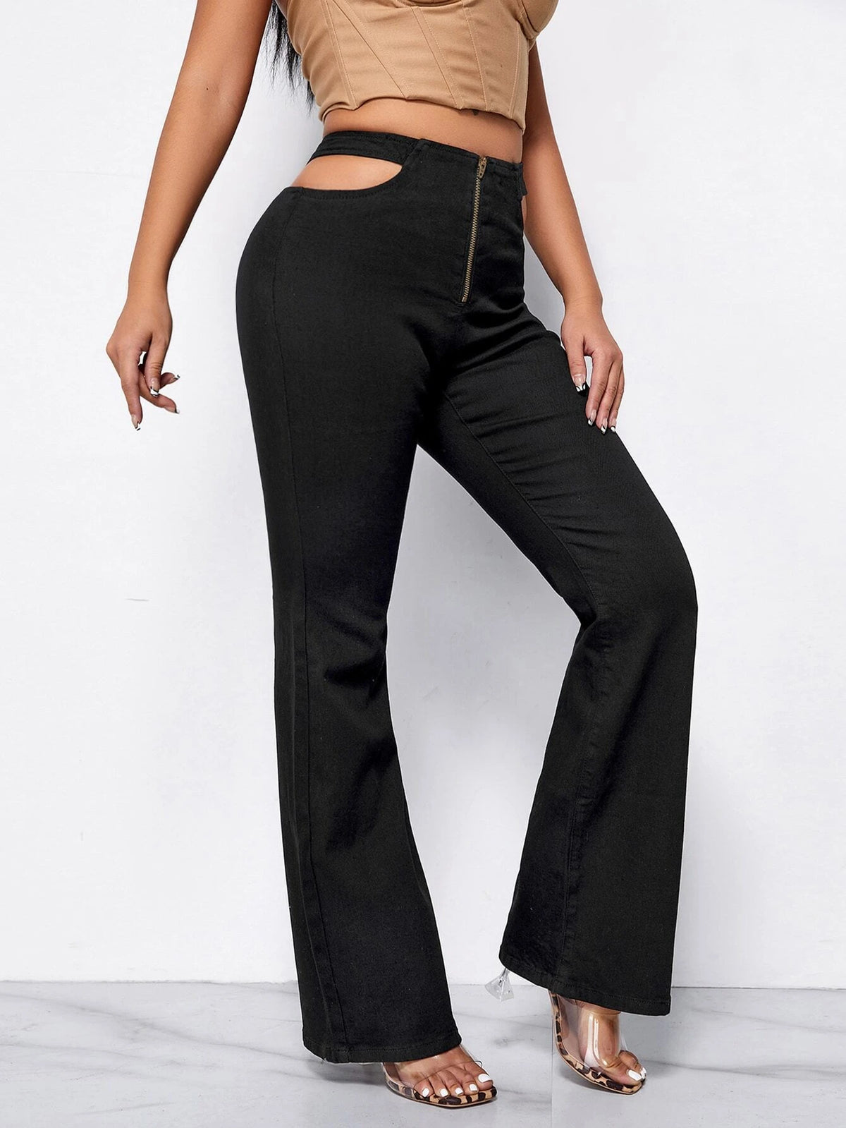 Cut Out Waist Flare Leg Jeans