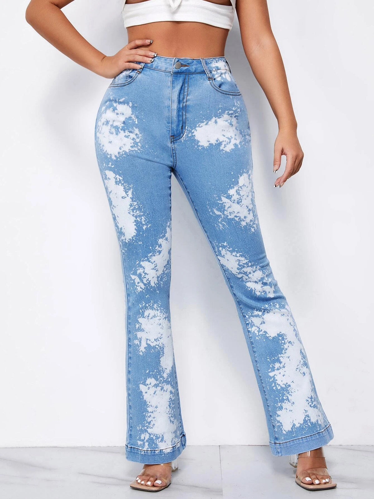 High Waisted Colorblock Flare Leg Jeans