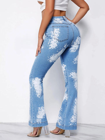 High Waisted Colorblock Flare Leg Jeans