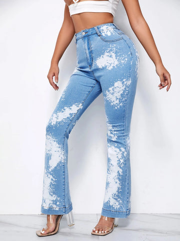High Waisted Colorblock Flare Leg Jeans