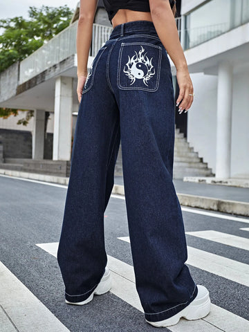 High Waist Yin & Yang Print Wide Jeans