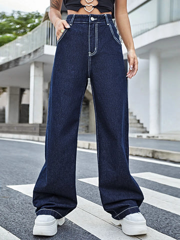 High Waist Yin & Yang Print Wide Jeans