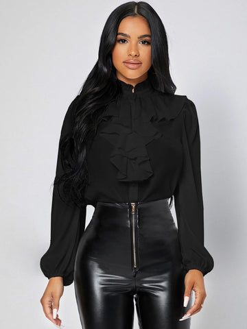 PETITE Ruffle Trim Button Front Shirt