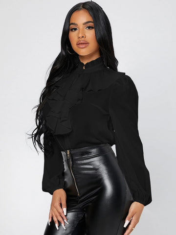 PETITE Ruffle Trim Button Front Shirt