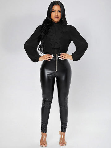 PETITE Ruffle Trim Button Front Shirt