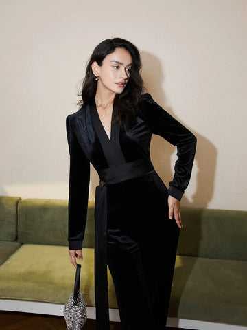 Deep V Neck Tie Front Velvet Jumpsuit