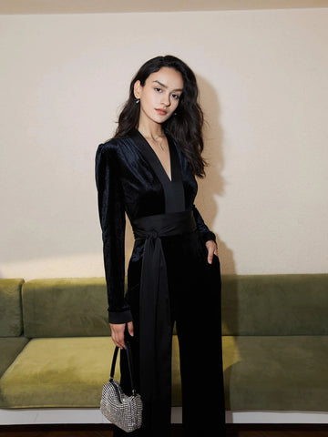 Deep V Neck Tie Front Velvet Jumpsuit