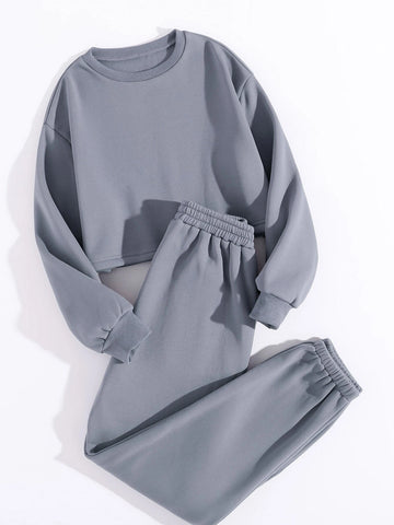 Thermal Lined Solid Sweatshirt With Sweatpants