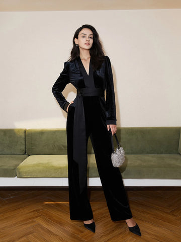 Deep V Neck Tie Front Velvet Jumpsuit