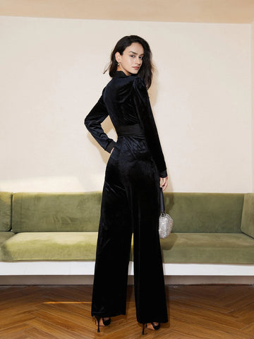 Deep V Neck Tie Front Velvet Jumpsuit