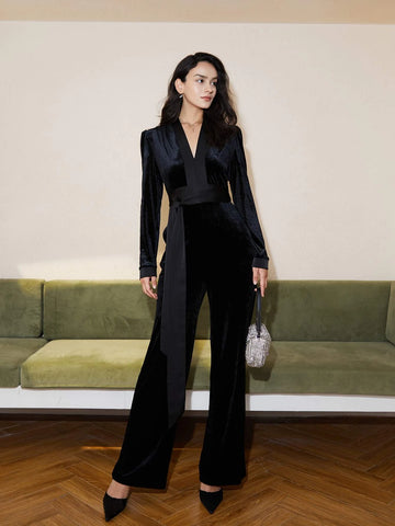 Deep V Neck Tie Front Velvet Jumpsuit