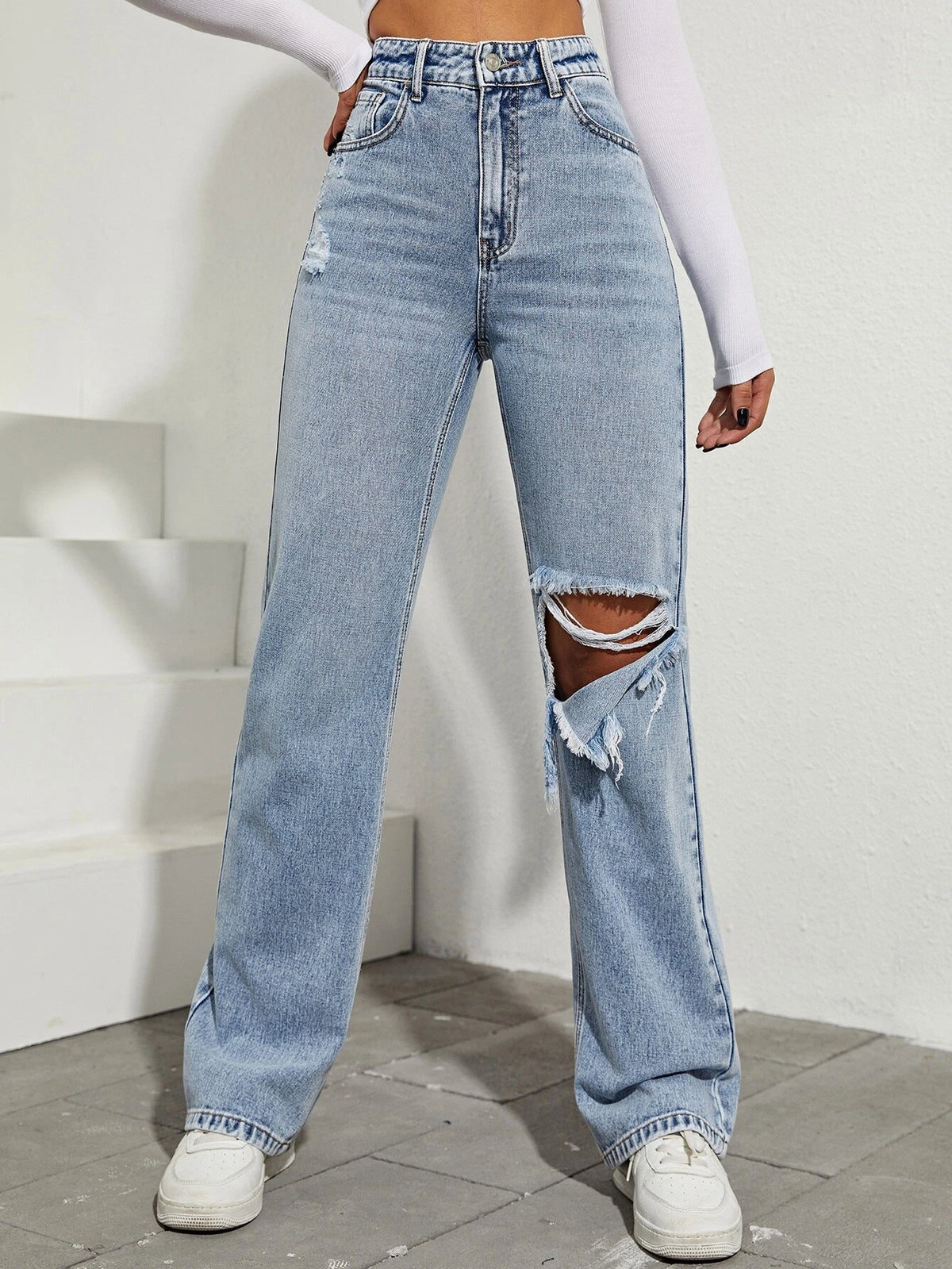 High Waist Ripped Boyfriend Jeans