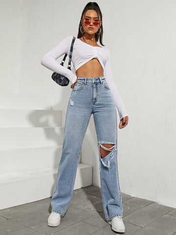 High Waist Ripped Boyfriend Jeans