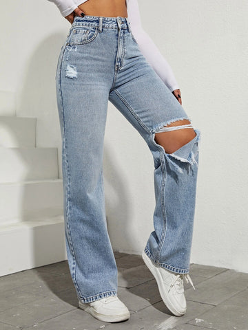 High Waist Ripped Boyfriend Jeans