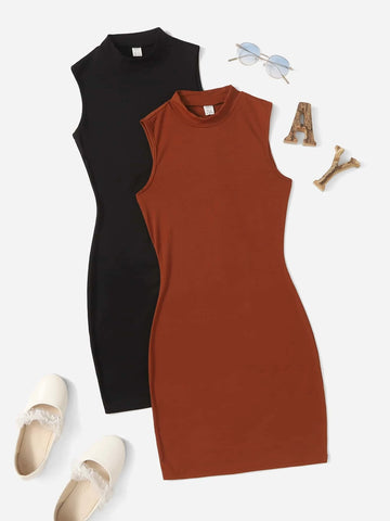 Teen Girls 2pcs Solid Mock Neck Dress