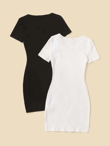 Teen Girls 2pcs Notched Neck Ribbed Knit Dress