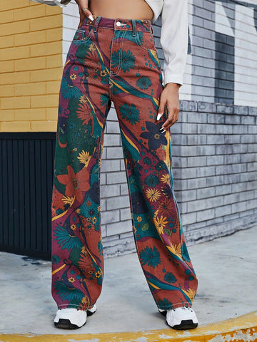 High Waist Floral Wide Leg Jeans