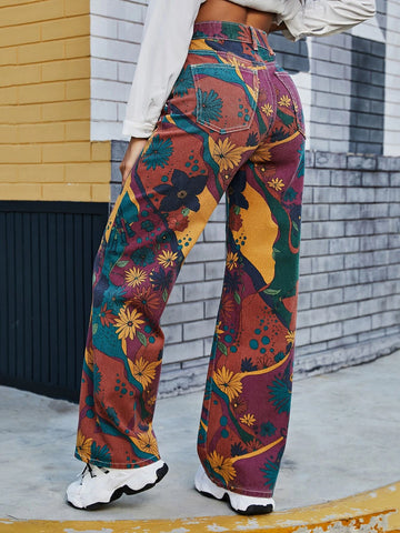 High Waist Floral Wide Leg Jeans
