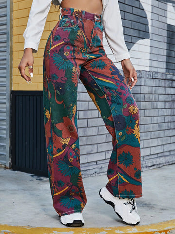 High Waist Floral Wide Leg Jeans
