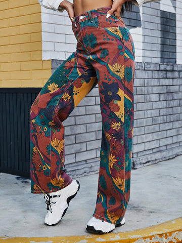 High Waist Floral Wide Leg Jeans