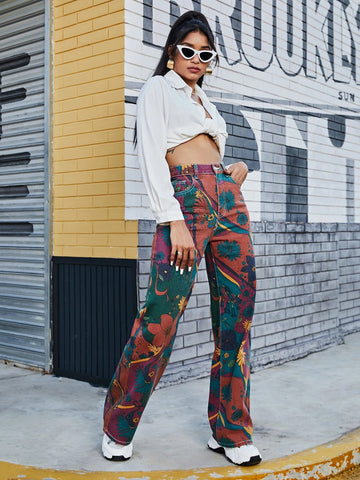 High Waist Floral Wide Leg Jeans