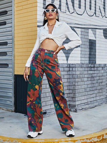 High Waist Floral Wide Leg Jeans