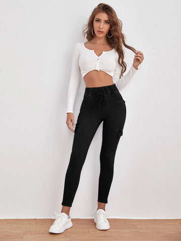 Drawstring Waist Flap Pocket Jeans