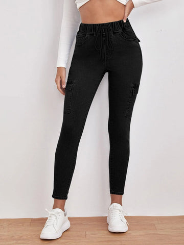 Drawstring Waist Flap Pocket Jeans