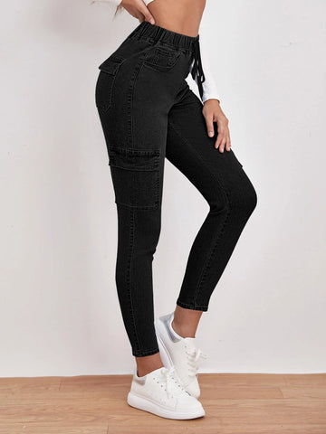 Drawstring Waist Flap Pocket Jeans
