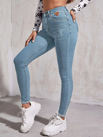 High Waist Patch Detail Skinny Jeans