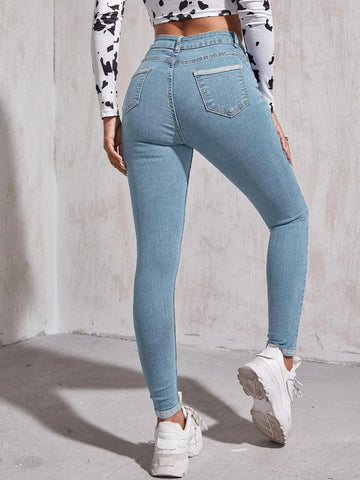 High Waist Patch Detail Skinny Jeans