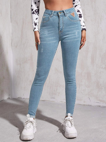 High Waist Patch Detail Skinny Jeans
