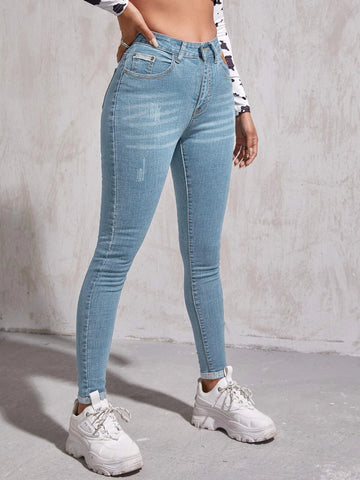 High Waist Patch Detail Skinny Jeans