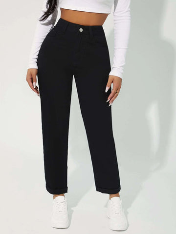 PETITE High Waist Solid Mom Fit Jeans