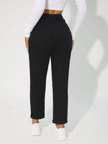 PETITE High Waist Solid Mom Fit Jeans