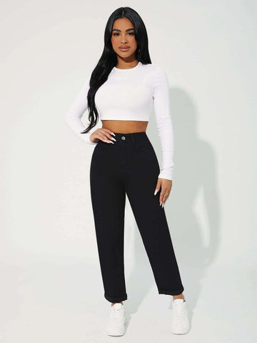 PETITE High Waist Solid Mom Fit Jeans
