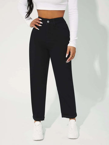 PETITE High Waist Solid Mom Fit Jeans