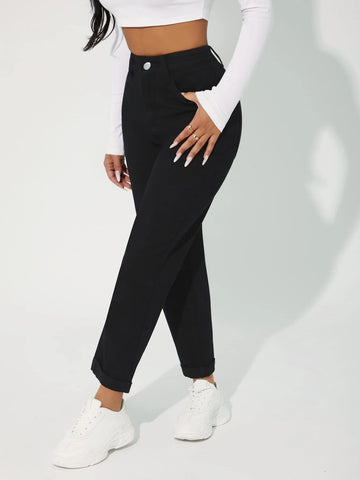 PETITE High Waist Solid Mom Fit Jeans
