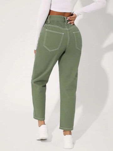 PETITE Zipper Fly Contrast Stitch Tapered Jeans