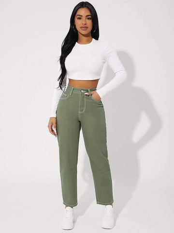 PETITE Zipper Fly Contrast Stitch Tapered Jeans
