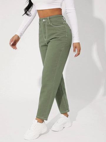 PETITE Zipper Fly Contrast Stitch Tapered Jeans