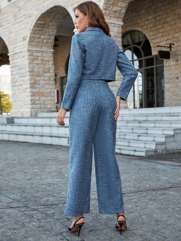 Lapel Neck Double Button Blazer & Wide Leg Pants