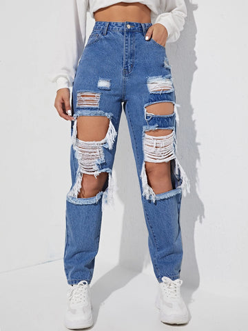 Cut Out Ripped Frayed Carrot Jeans