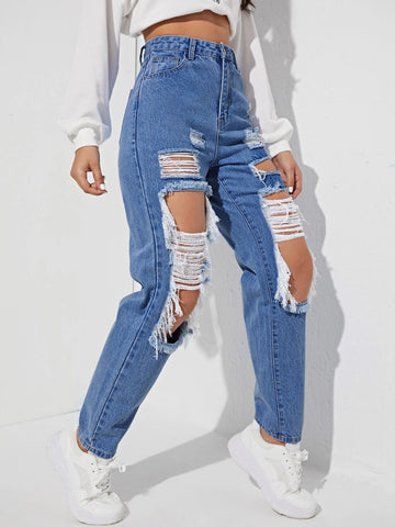 Cut Out Ripped Frayed Carrot Jeans