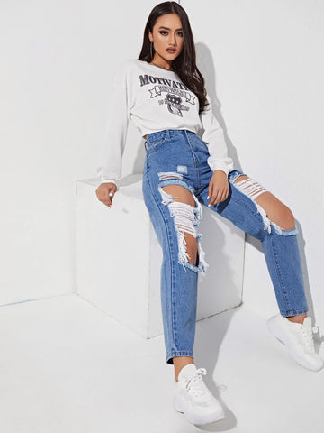 Cut Out Ripped Frayed Carrot Jeans