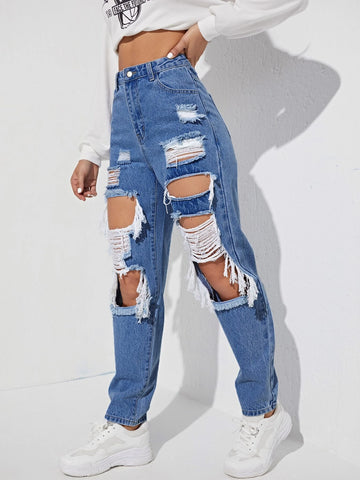 Cut Out Ripped Frayed Carrot Jeans