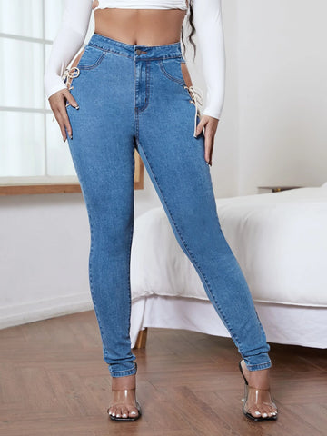 Cut-out Lace Up Knot Skinny Jeans