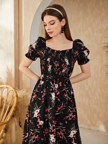 Floral Square Neck Shirred A-line Dress