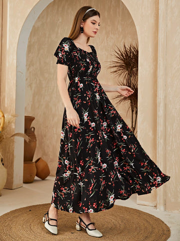 Floral Square Neck Shirred A-line Dress
