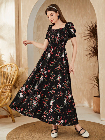 Floral Square Neck Shirred A-line Dress